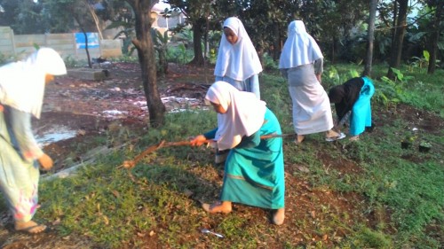 Santriwati Membersihkan Lingkungan Sekitar Pondok Pesantren Di Pondok Pesantren Putri Al-Hasanah Darunnajah 9 Pamulang