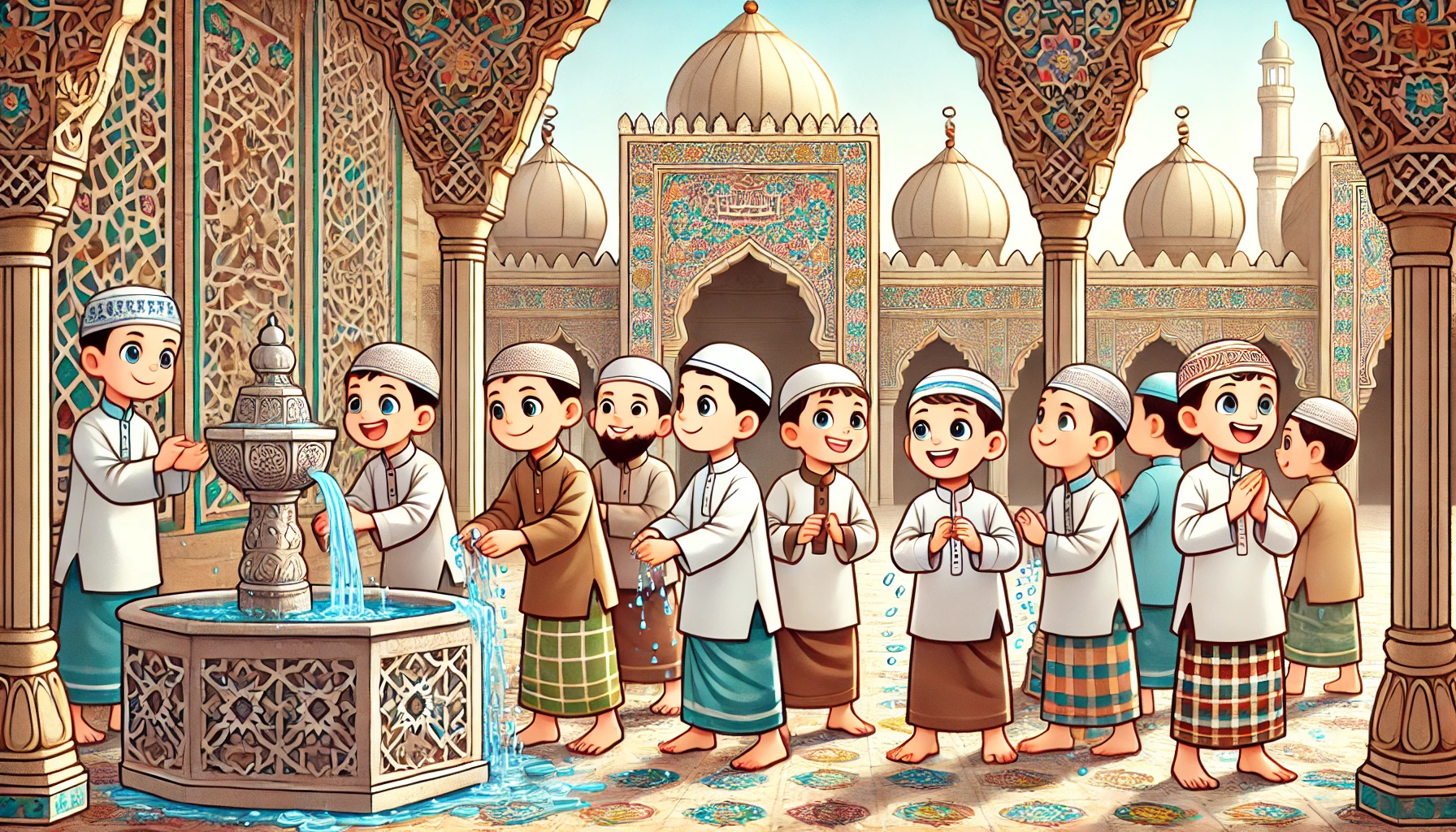 Attachment Details DALL·E-2025-01-08-17.14.18-A-lively-and-detailed-illustration-of-a-group-of-young-Muslim-boys-performing-ablution-wudu-at-a-mosque.-The-boys-are-cheerful-and-focused-standing